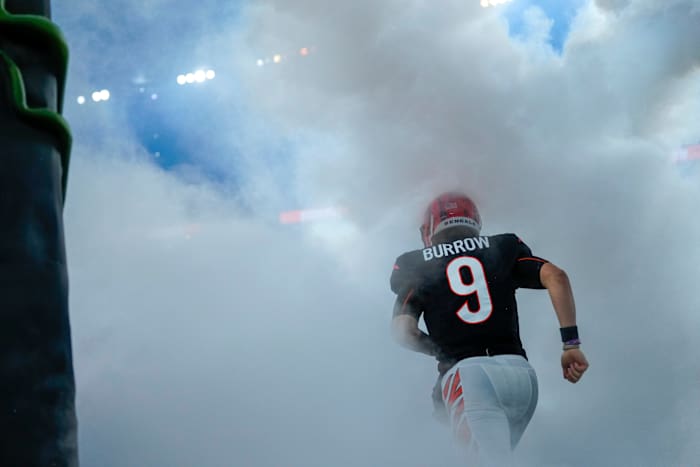 Cincinnati Bengals quarterback Joe Burrow (9) takes the field in the first quarter of the NFL Week 17 game between the Cincinnati Bengals and the Buffalo Bills at Paycor Stadium in Downtown Cincinnati on Monday, Jan. 2, 2023. The game was suspended with suspended in the first quarter after Buffalo Bills safety Damar Hamlin (3) was taken away in an ambulance following a play. Buffalo Bills At Cincinnati Bengals Week 17